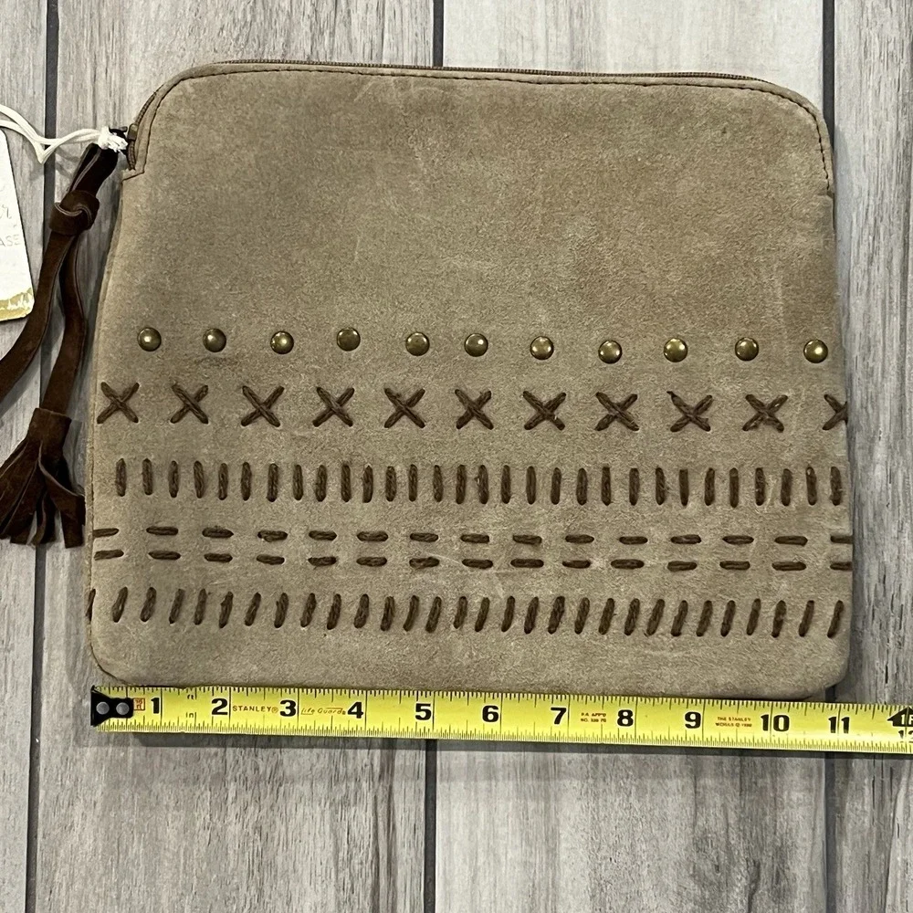 Genuine Leather Tablet Case Women OS Tan NWT Boho Suede Studded Tassel Clutch